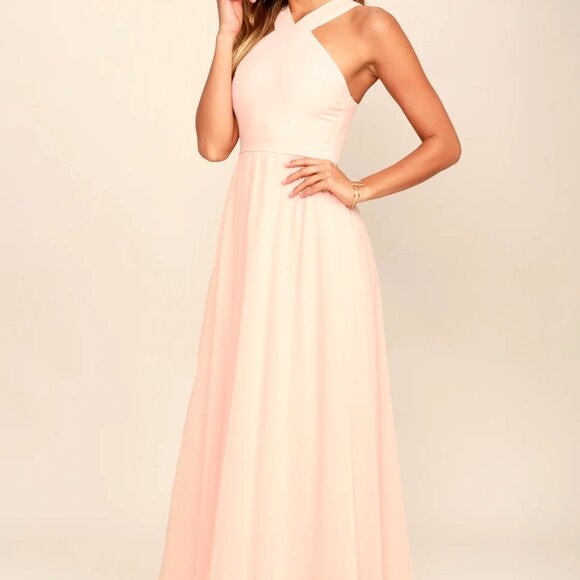 Lulus Air of Romance Peach Georgette Halter Bodice Lined Maxi Formal Gown Small - Picture 3 of 8